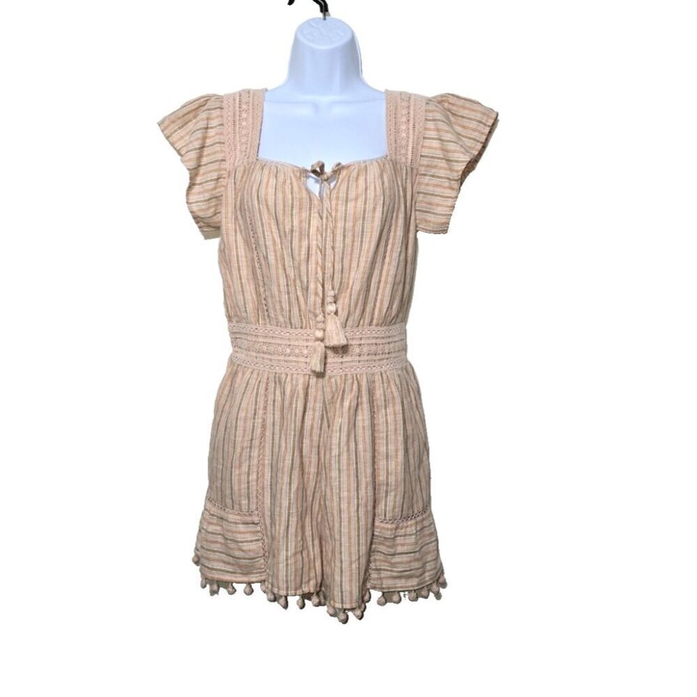 American Eagle Romper S Stripes Smocked Boho Comfort Woven Peasant Pockets Tan